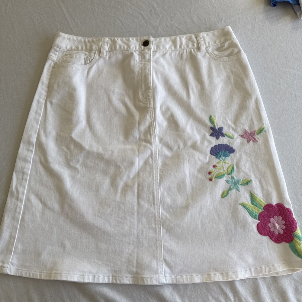 Sigrid Olsen Womens White Floral Embroidered Denim A-Line Skirt Size 16